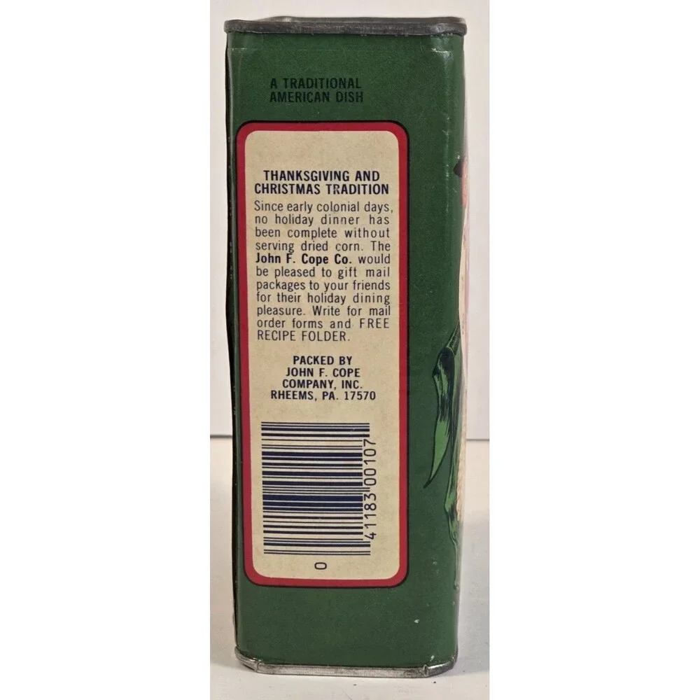 Vintage John Cope’s Dried Sweet‎ Corn Tin Can Mid Century Green Food Advertising